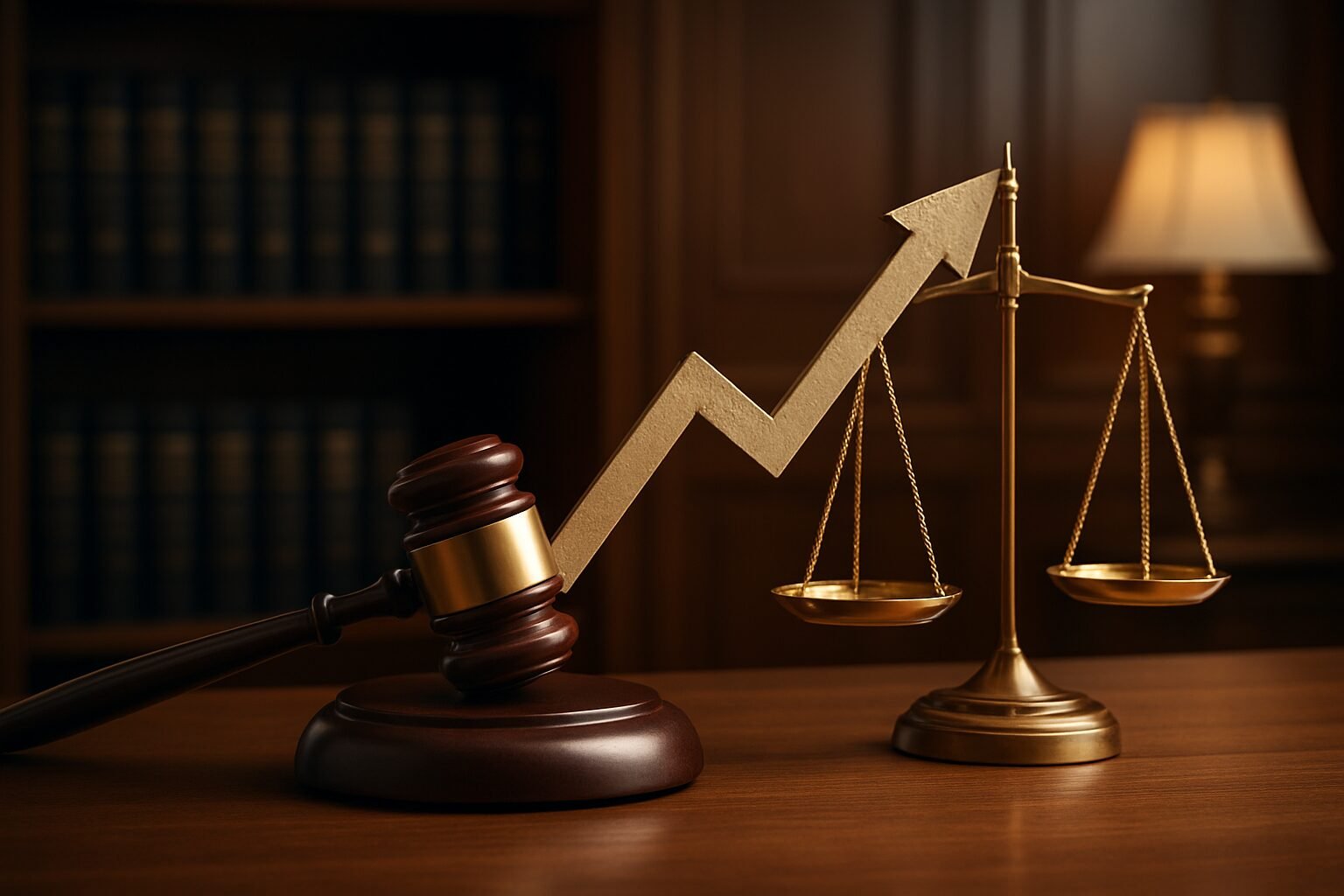 A wooden gavel and a scale of justice with an upward trend arrow, symbolizing the connection between law and increasing
